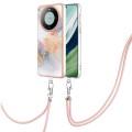 For Huawei Mate 60 Pro Electroplating IMD TPU Phone Case with Lanyard(White Marble)