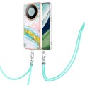 For Huawei Mate 60 Pro Electroplating Marble Dual-side IMD Phone Case with Lanyard(Green 004)