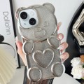 For iPhone 15 Bear Shape Electroplated TPU Phone Case with Gradient Glitter Paper(Silver)