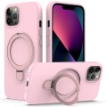 For iPhone 12 Pro MagSafe Magnetic Liquid Silicone Phone Case with Ring Holder(Grey Pink)
