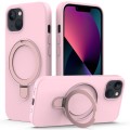For iPhone 13 MagSafe Magnetic Liquid Silicone Phone Case with Ring Holder(Grey Pink)