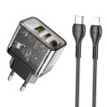 Hoco N34 Dazzling PD20W + QC3.0 Dual Port Charger Set with Type-C to 8 Pin Cable, EU Plug(Black)