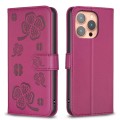 For iPhone 15 Pro Four-leaf Embossed Leather Phone Case(Rose Red)