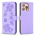 For iPhone 15 Pro Four-leaf Embossed Leather Phone Case(Purple)