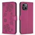 For iPhone 15 Plus Four-leaf Embossed Leather Phone Case(Rose Red)