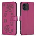 For iPhone 11 Four-leaf Embossed Leather Phone Case(Rose Red)