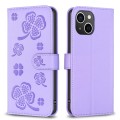 For iPhone 14 Four-leaf Embossed Leather Phone Case(Purple)