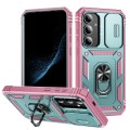 For Samsung Galaxy S24+ 5G Sliding Camshield TPU + PC Phone Case with Holder(Green+Pink)