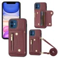 For iPhone 11 DF-09 Crossbody Litchi texture Card Bag Design PU Phone Case(Wine Red)