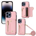 For iPhone 14 Pro DF-09 Crossbody Litchi texture Card Bag Design PU Phone Case(Pink)