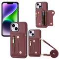 For iPhone 14 Plus / 15 Plus DF-09 Crossbody Litchi texture Card Bag Design PU Phone Case(Wine Red)