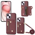 For iPhone 15 DF-09 Crossbody Litchi texture Card Bag Design PU Phone Case(Wine Red)