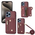For iPhone 15 Pro DF-09 Crossbody Litchi texture Card Bag Design PU Phone Case(Wine Red)