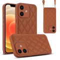 For iPhone 12 Rhombic Texture Phone Case with Dual Lanyard(Brown)