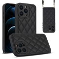 For iPhone 12 Pro Max Rhombic Texture Phone Case with Dual Lanyard(Black)