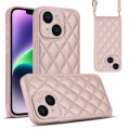 For iPhone 14 Plus Rhombic Texture Phone Case with Dual Lanyard(Rose Gold)