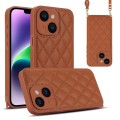 For iPhone 14 Plus Rhombic Texture Phone Case with Dual Lanyard(Brown)