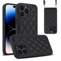 For iPhone 14 Pro Rhombic Texture Phone Case with Dual Lanyard(Black)