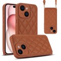 For iPhone 15 Rhombic Texture Phone Case with Dual Lanyard(Brown)