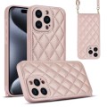 For iPhone 15 Pro Rhombic Texture Phone Case with Dual Lanyard(Rose Gold)