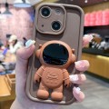For iPhone 14 Plus Astronaut 3D Relief Holder TPU + PC Full Coverage Phone Case(Brown)