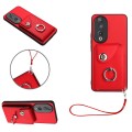 For Honor 90 Organ Card Bag Ring Holder PU Phone Case with Lanyard(Red)