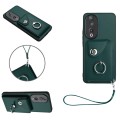 For Honor 90 Organ Card Bag Ring Holder PU Phone Case with Lanyard(Green)