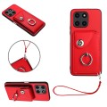 For Honor X6a Global Organ Card Bag Ring Holder PU Phone Case with Lanyard(Red)