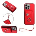 For iPhone 15 Pro Max Organ Card Bag Ring Holder PU Phone Case with Lanyard(Red)