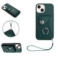For iPhone 15 Plus Organ Card Bag Ring Holder PU Phone Case with Lanyard(Green)