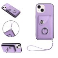For iPhone 15 Organ Card Bag Ring Holder PU Phone Case with Lanyard(Purple)