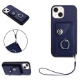 For iPhone 14 Plus Organ Card Bag Ring Holder PU Phone Case with Lanyard(Blue)