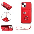 For iPhone 14 Plus Organ Card Bag Ring Holder PU Phone Case with Lanyard(Red)