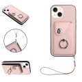 For iPhone 14 Organ Card Bag Ring Holder PU Phone Case with Lanyard(Pink)