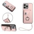 For iPhone 14 Pro Organ Card Bag Ring Holder PU Phone Case with Lanyard(Pink)