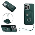 For iPhone 13 Pro Max Organ Card Bag Ring Holder PU Phone Case with Lanyard(Green)