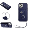 For iPhone 12 Organ Card Bag Ring Holder PU Phone Case with Lanyard(Blue)