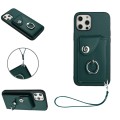 For iPhone 12 Organ Card Bag Ring Holder PU Phone Case with Lanyard(Green)