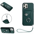 For iPhone 12 Pro Max Organ Card Bag Ring Holder PU Phone Case with Lanyard(Green)