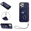 For iPhone 12 Pro Organ Card Bag Ring Holder PU Phone Case with Lanyard(Blue)
