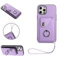 For iPhone 12 Pro Organ Card Bag Ring Holder PU Phone Case with Lanyard(Purple)