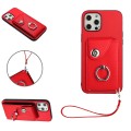 For iPhone 12 Pro Organ Card Bag Ring Holder PU Phone Case with Lanyard(Red)