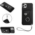 For iPhone 11 Pro Max Organ Card Bag Ring Holder PU Phone Case with Lanyard(Black)