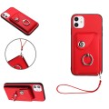 For iPhone 11 Organ Card Bag Ring Holder PU Phone Case with Lanyard(Red)