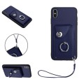 For iPhone XS / X Organ Card Bag Ring Holder PU Phone Case with Lanyard(Blue)