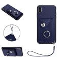 For iPhone XS Max Organ Card Bag Ring Holder PU Phone Case with Lanyard(Blue)