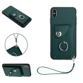 For iPhone XS Max Organ Card Bag Ring Holder PU Phone Case with Lanyard(Green)