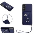 For Samsung Galaxy S21 FE 5G Organ Card Bag Ring Holder PU Phone Case with Lanyard(Blue)