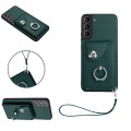 For Samsung Galaxy S21 FE 5G Organ Card Bag Ring Holder PU Phone Case with Lanyard(Green)
