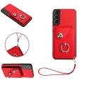 For Samsung Galaxy S22 5G Organ Card Bag Ring Holder PU Phone Case with Lanyard(Red)